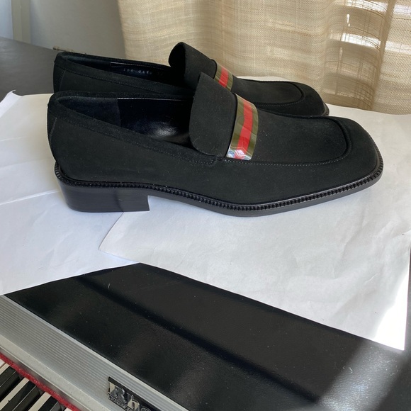 Gucci Black Loafers Red Stripe slip ons slides moccasins 37.5 derbys suede - Picture 3 of 8
